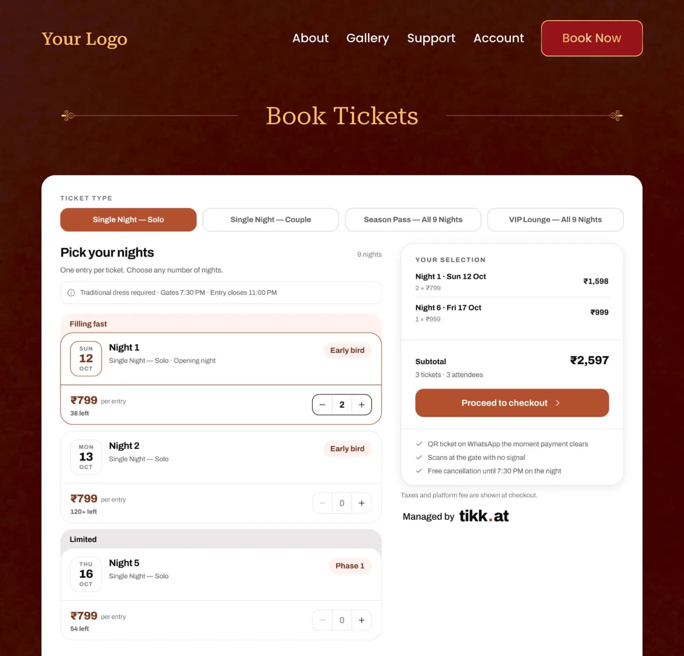 An organizer’s own site, in their own branding, with tikk.at’s ticket picker and checkout summary embedded in the page and a small “Managed by tikk.at” mark beneath it.