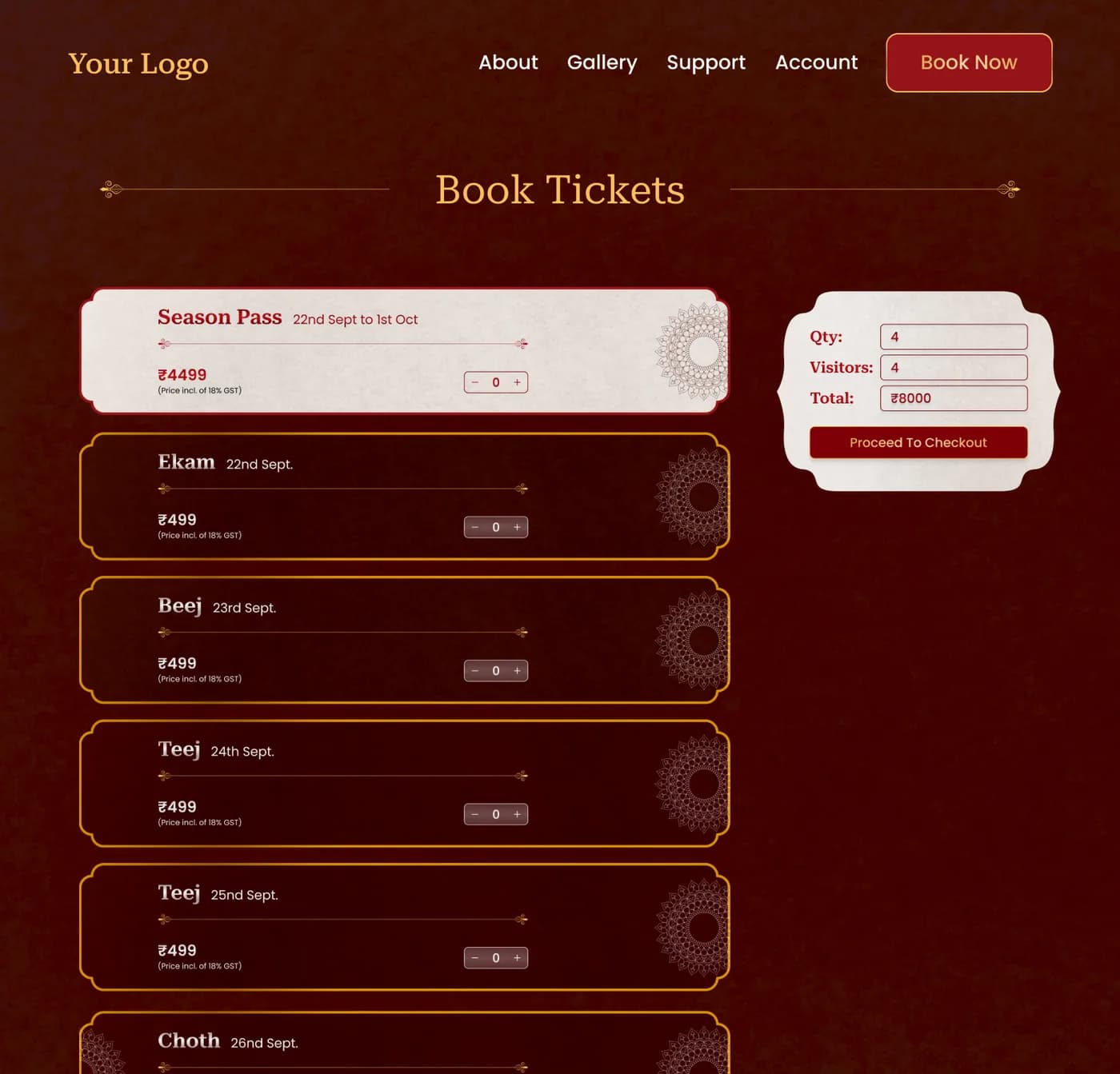 The same booking flow entirely in the organizer’s brand — gold-bordered night tickets and a season pass on a deep red ground, with a checkout panel and no tikk.at mark anywhere on the page.